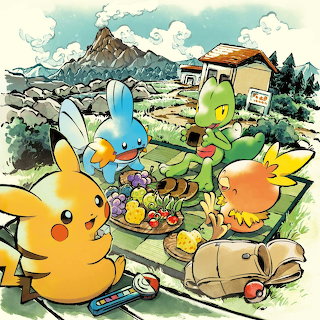 Illustration of Pikachu, Mudkip, Treecko, and Torchic having a picnic outdoors near a house and mountain