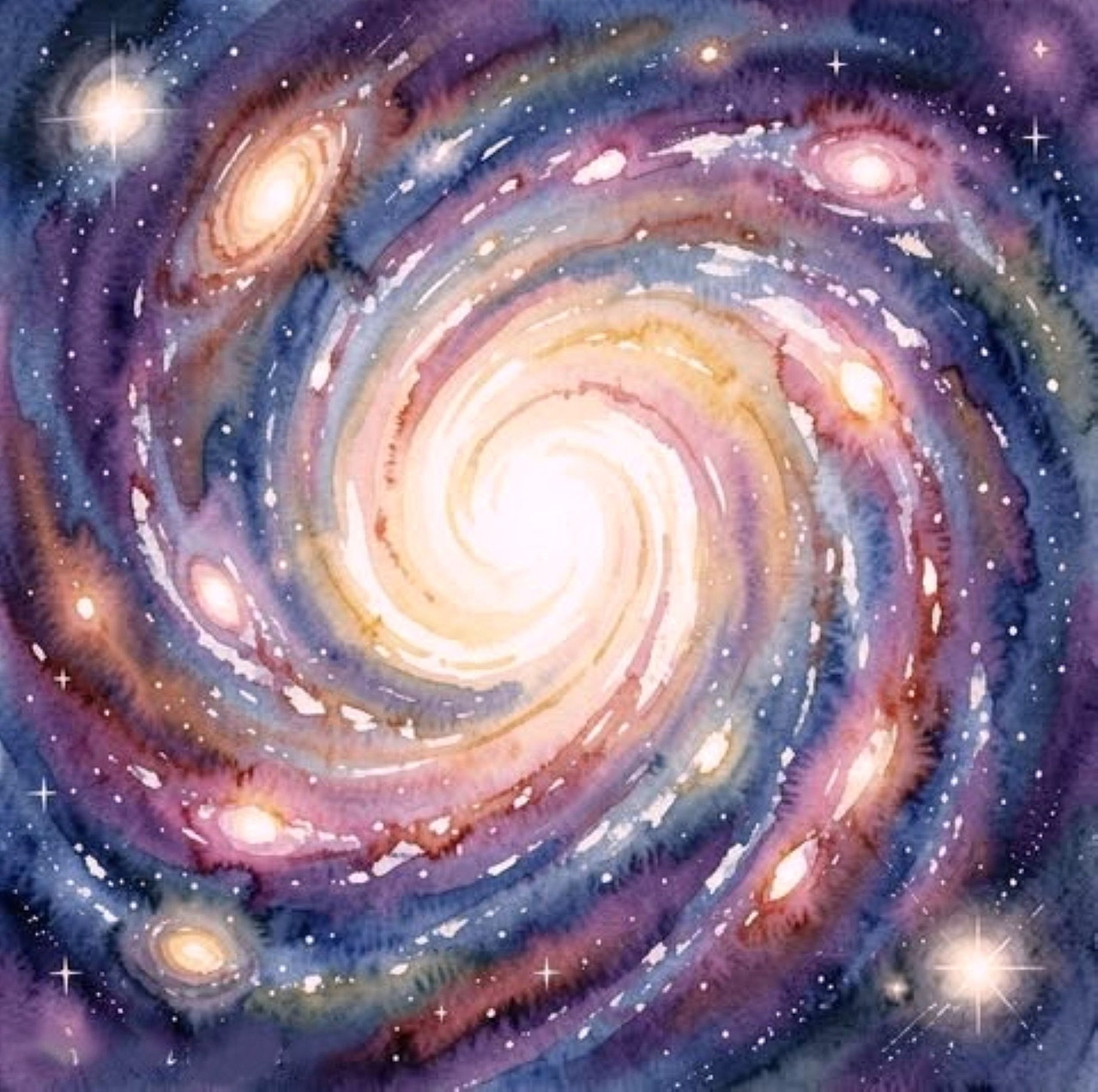 Colorful spiral galaxy painting with glowing stars and nebula-like swirls