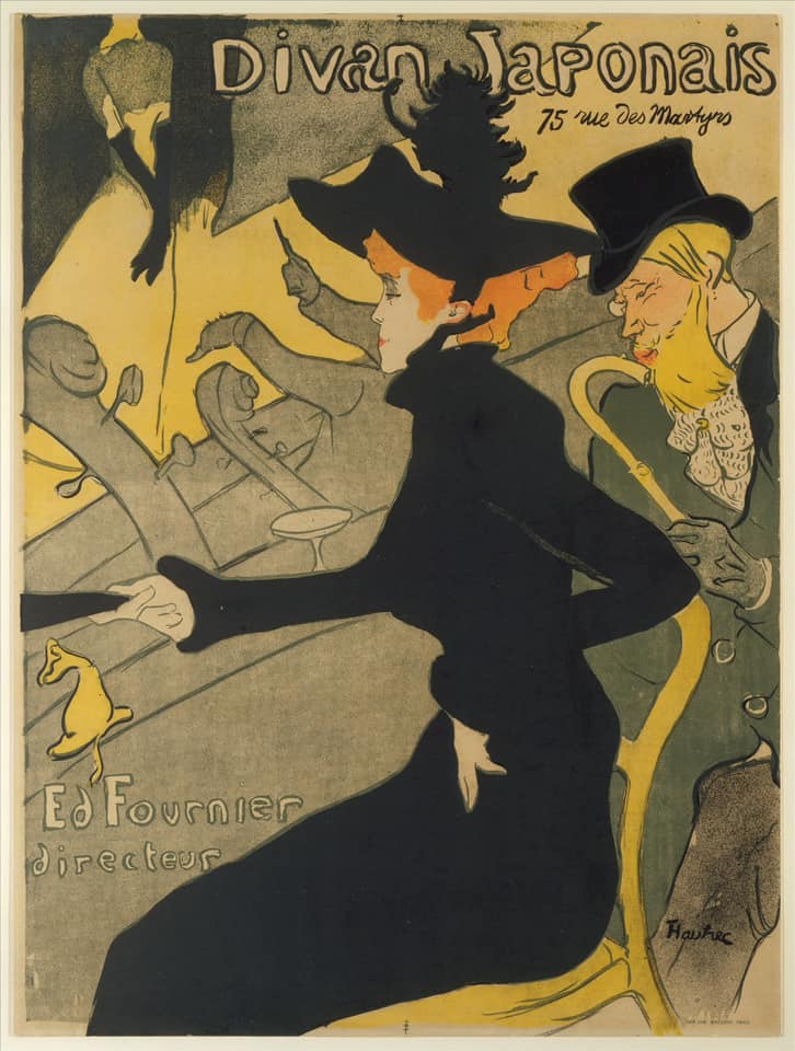 Vintage Divan Japonais poster with silhouetted figures in a cabaret scene