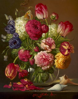 Still life painting of colorful flowers in a glass vase with seashells and fallen petals