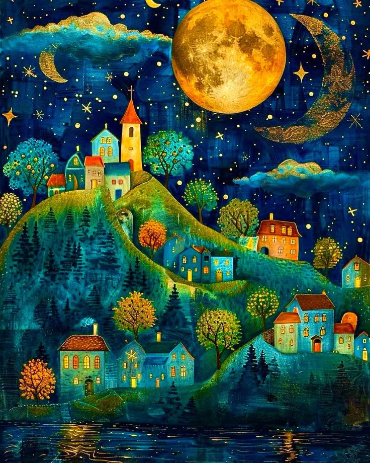 Vibrant painting of hillside village at night with golden moon, starry sky, church steeple, and illuminated houses