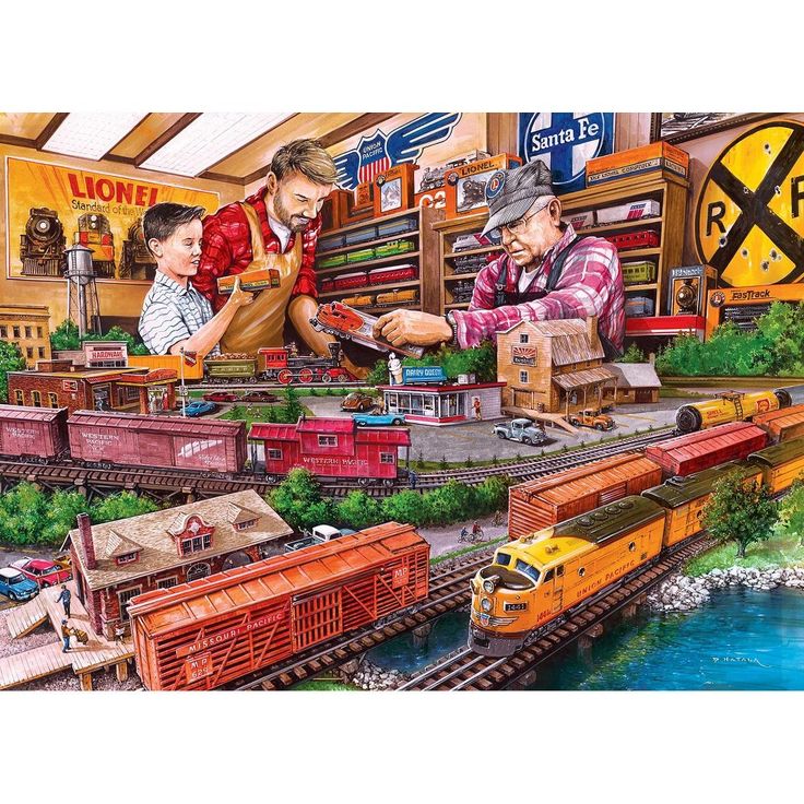 Illustration of people in a train shop with a detailed model railroad and colorful trains