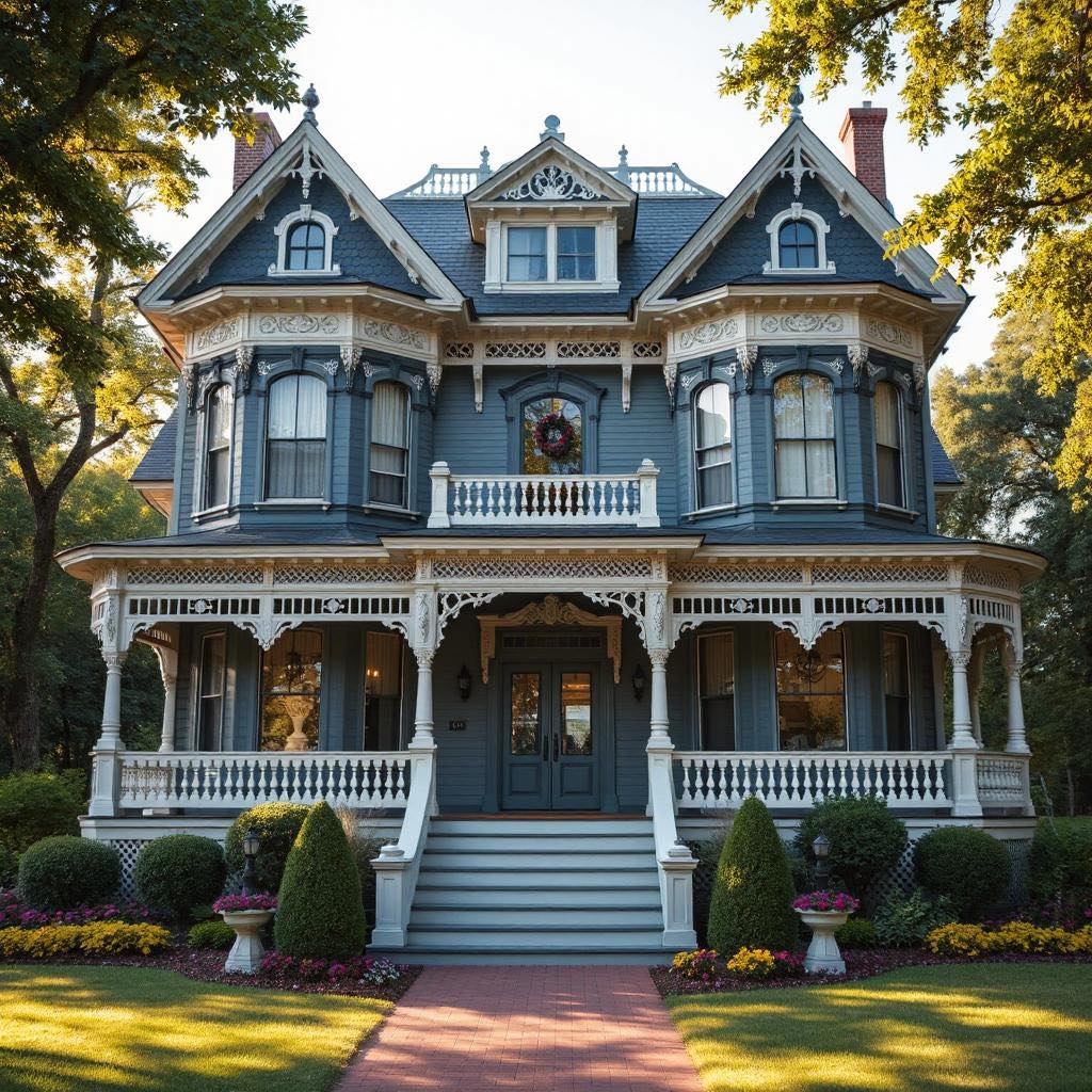 Blue Victorian mansion with ornate trim, porch, steps, and landscaped front yard