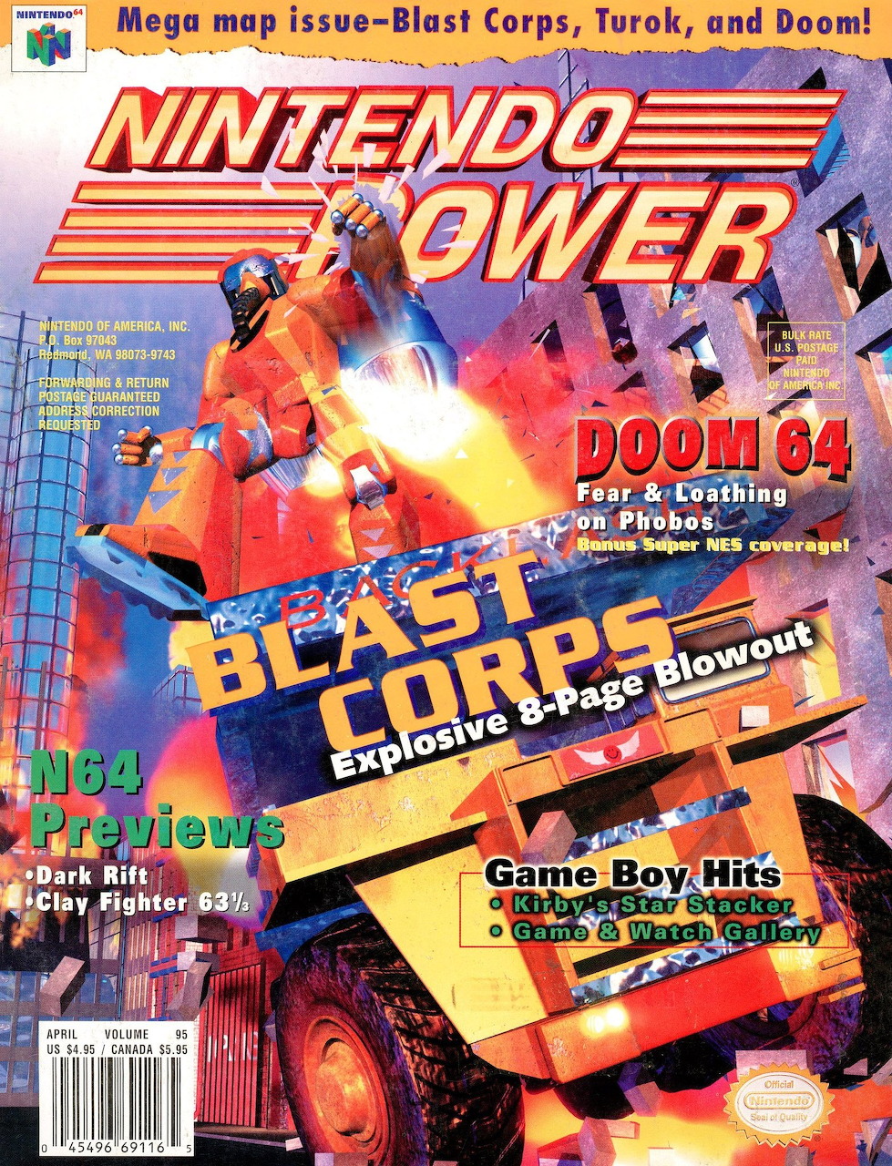 Nintendo Power magazine Issue 95 cover featuring Blast Corps N64 game artwork