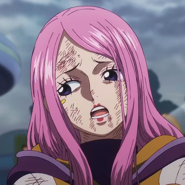 Pink-haired anime character Bonney from One Piece with surprised expression and facial markings