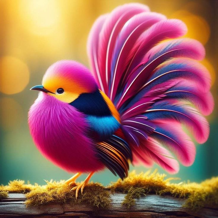 Fantasy bird with flowing rainbow plumage in pink, purple and orange against golden bokeh background