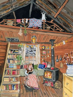 Illustrated cozy cabin interior with woman reading by wood stove, bookshelves, loft with cat and hanging laundry