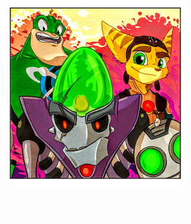 Cartoon characters including a green robot, a lombax, and a metallic figure from a video game