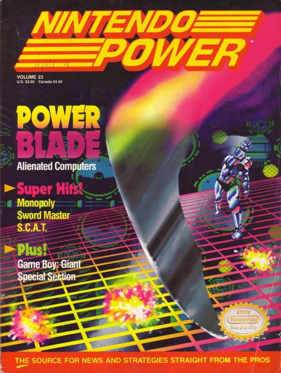 Nintendo Power magazine cover for Power Blade video game featuring action hero with boomerang