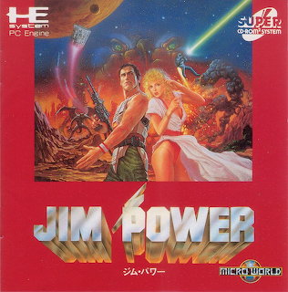 Retro Jim Power video game cover with a man and woman in a fiery sci-fi battle scene