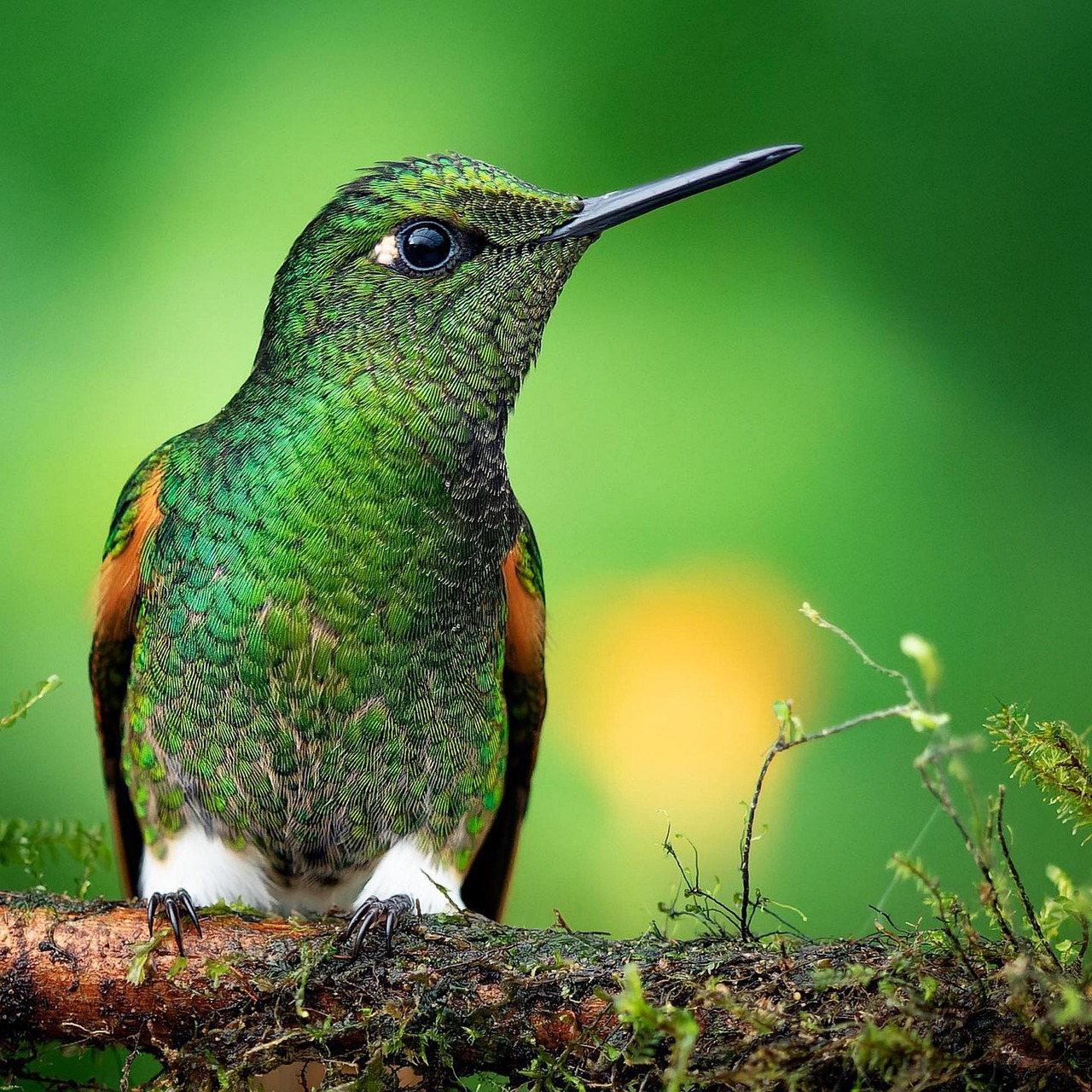Close-up of a green hummingbird perched on a mossy branch with a blurred green background