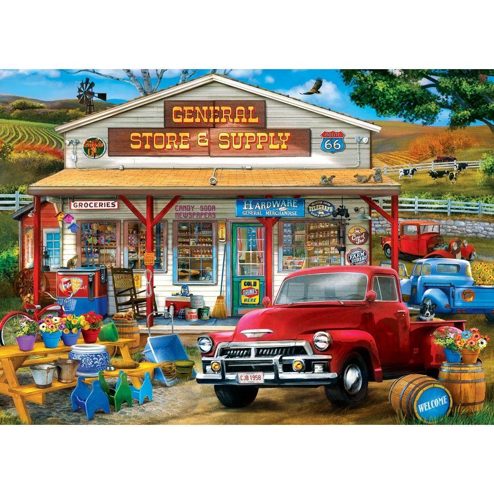 Vintage general store building with red and blue classic trucks parked in front, surrounded by colorful merchandise