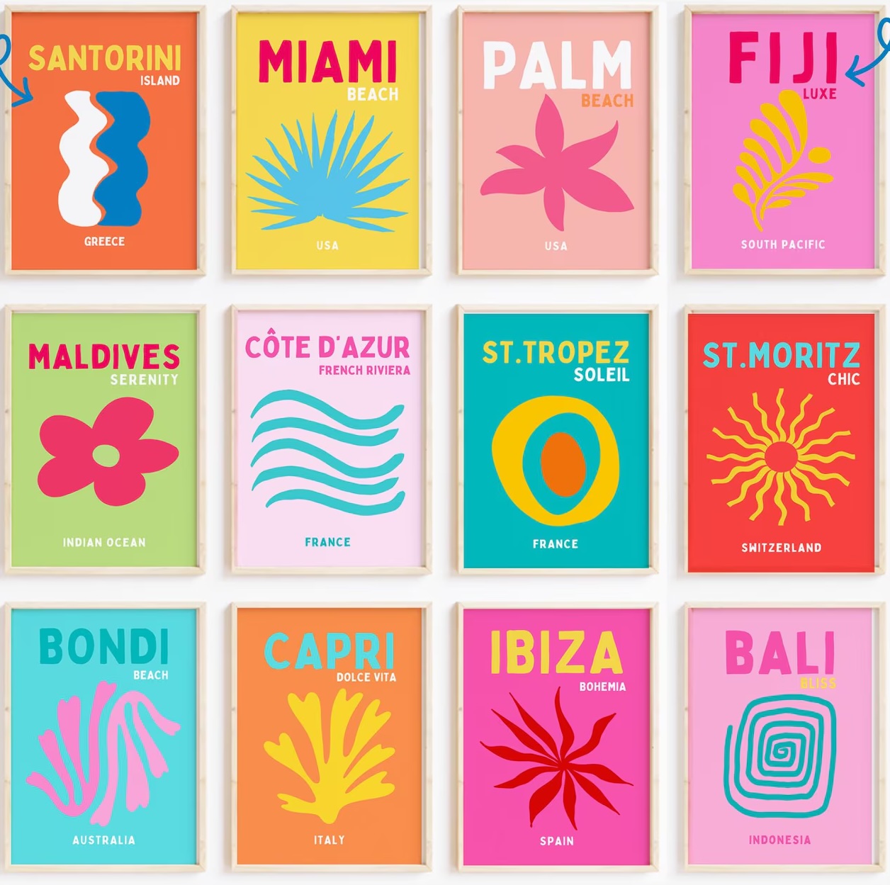 Colorful collage of illustrated travel posters for beach destinations in a grid