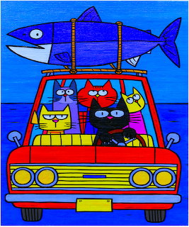 Cartoon illustration of three colorful cats in a red car with a blue fish on top