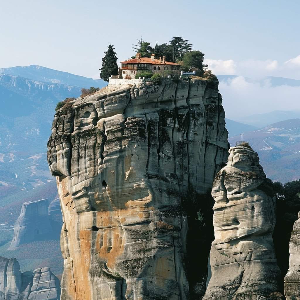 Monastery building on top of tall rocky cliff pillar with mountain landscape background