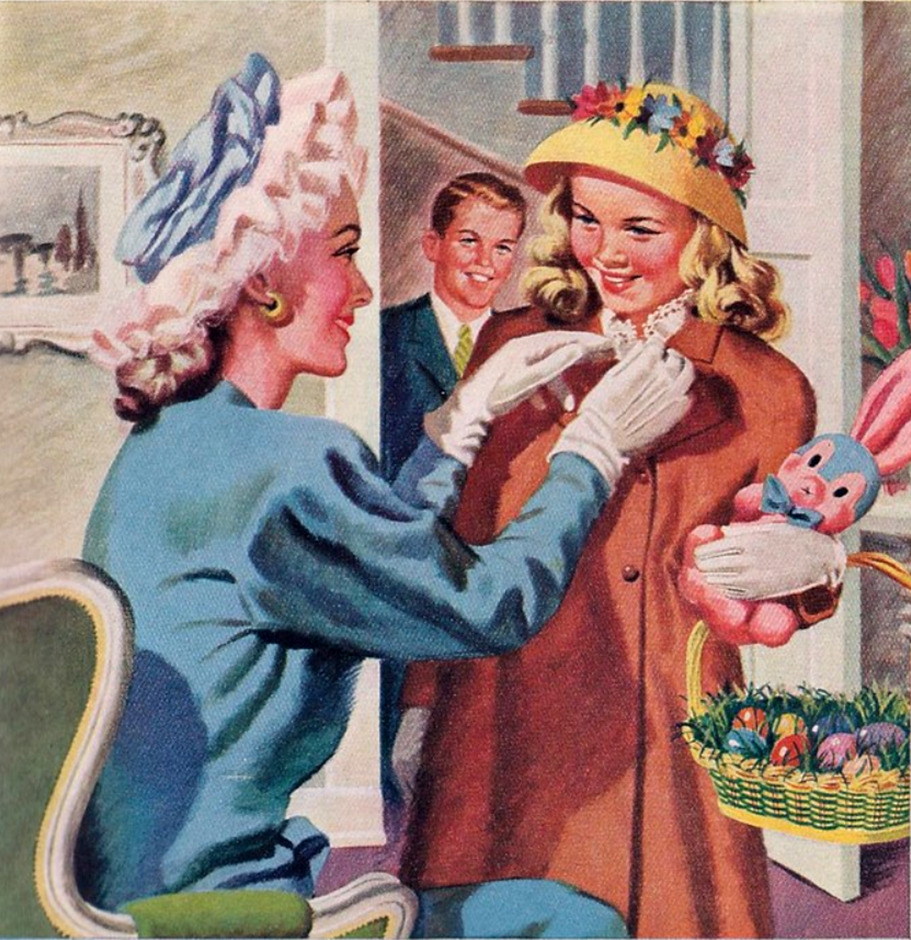 Vintage 1950s illustration showing mother and children with Easter basket in home