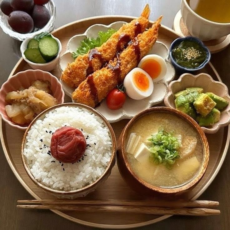 Korean meal set with rice, soup, fried shrimp, egg, pickles, and side dishes on a tray