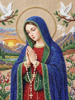 Beaded icon of Virgin Mary in blue veil praying with golden halo, doves, and mountain landscape
