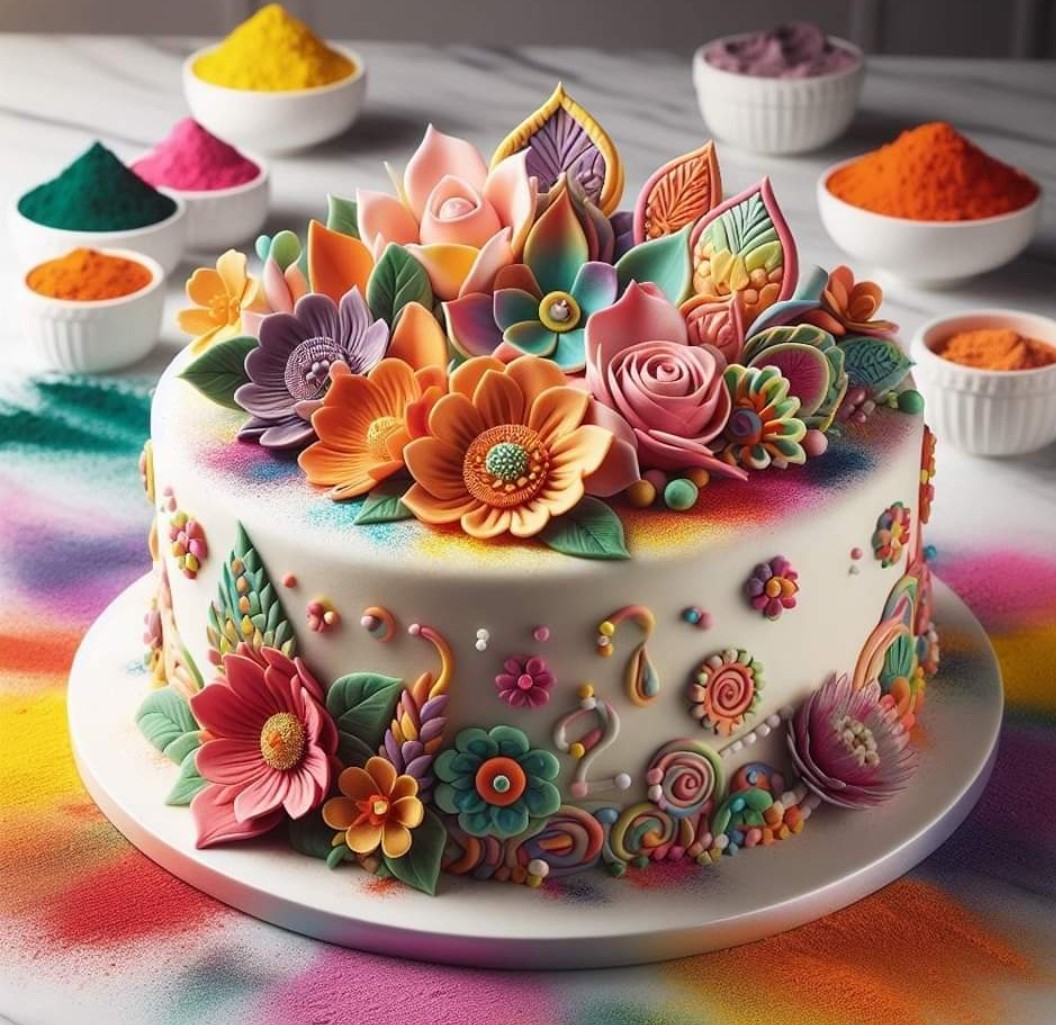 White cake with colorful floral decorations and bowls of bright powdered colors