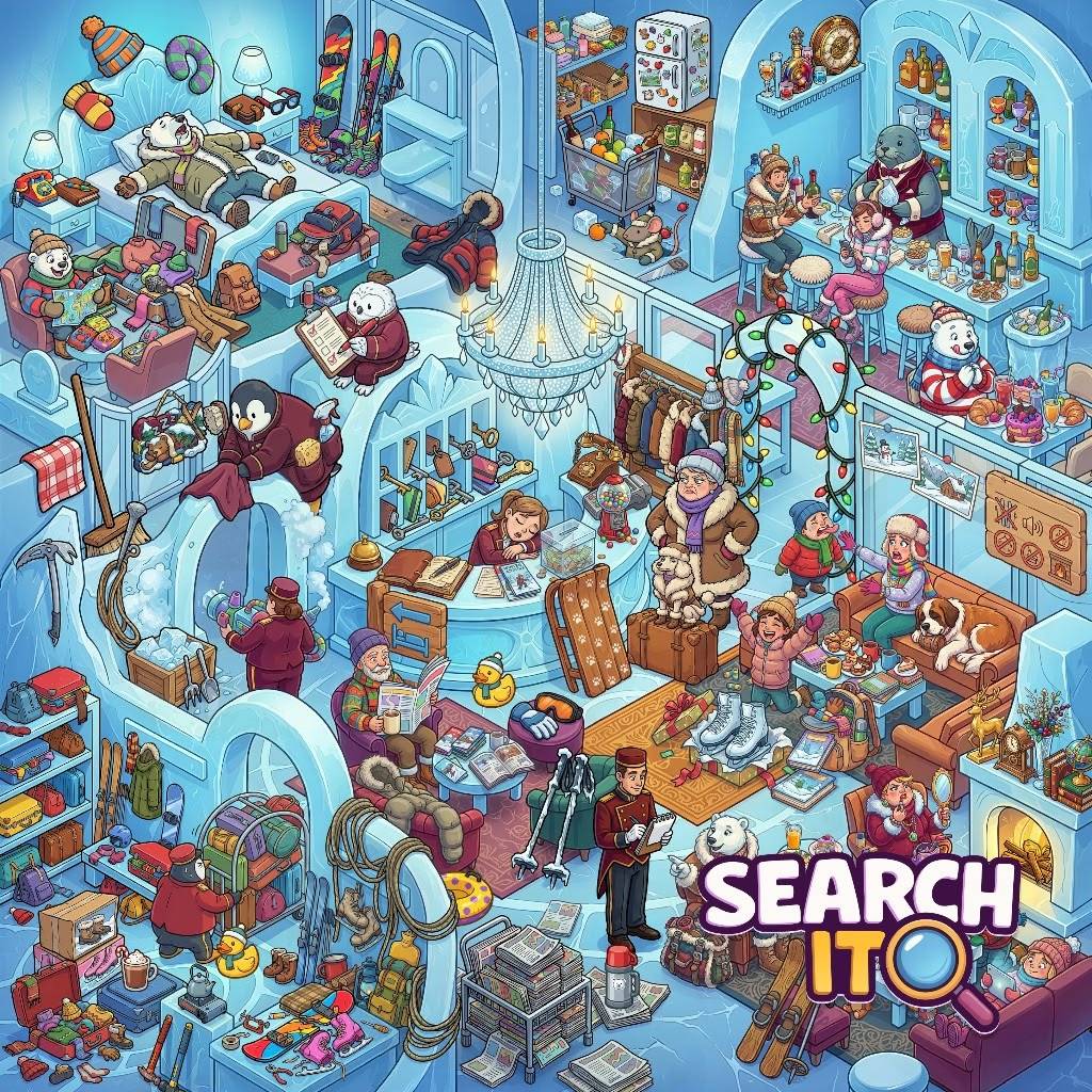Colorful cartoon cutaway view of busy winter hotel with many characters across multiple floors