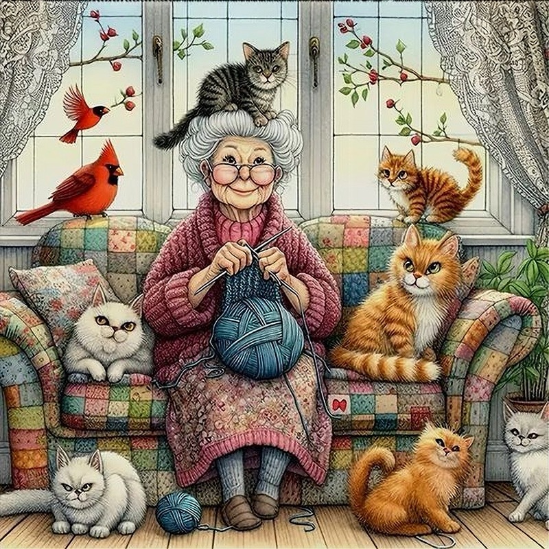 Illustration of an elderly woman knitting on a sofa surrounded by cats, with birds at the window