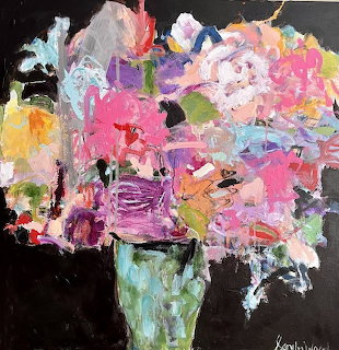 Abstract painting of colorful flowers in teal vase with pink, purple, and yellow blooms on dark background
