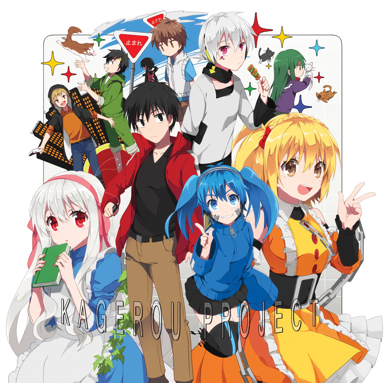 Anime ensemble of colorful characters posing together on a white background