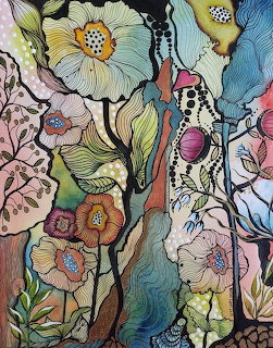 Abstract floral painting with colorful stylized flowers and organic shapes in watercolor style