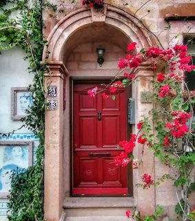Red wooden door with stone arch entrance covered in red roses and green foliage
