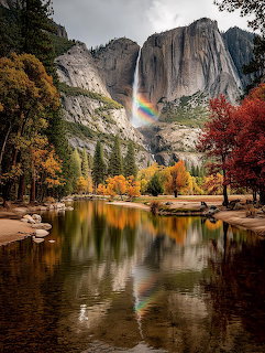 Waterfall cascading down granite cliffs with rainbow, autumn trees reflected in calm river below