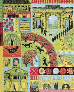Folk art collage of British houses, gardens, archways and decorative patterns in yellow, red and green