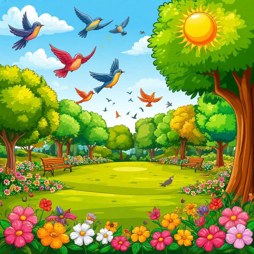 Cartoon garden scene with colorful birds flying over flowers and trees under sunny sky