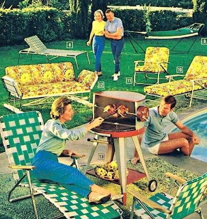 Vintage photo of people having a barbecue by a swimming pool with colorful mid-century patio furniture