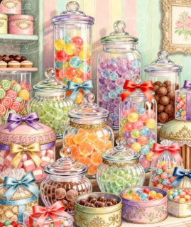 Vintage candy shop interior with jars of colorful sweets on wooden shelves