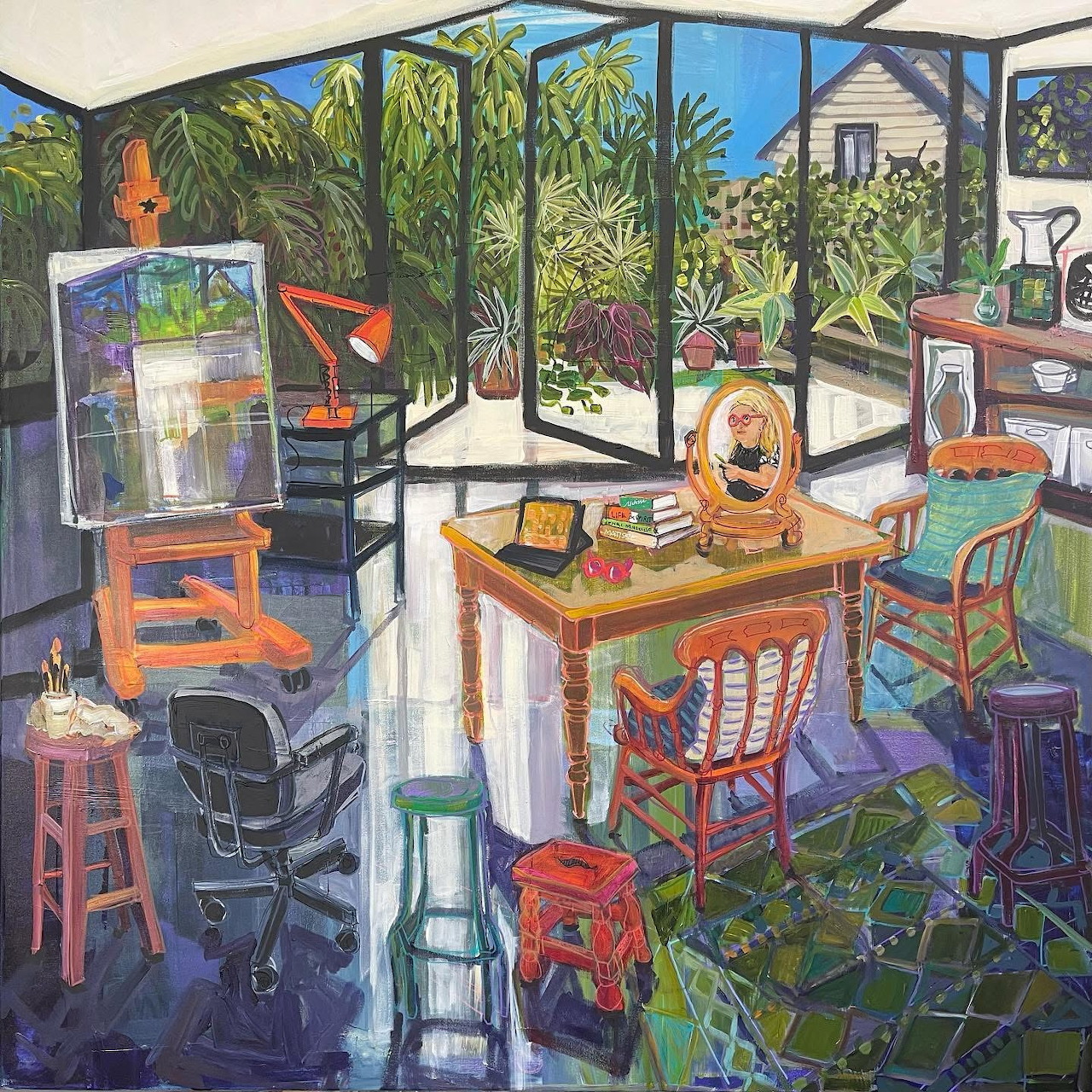 Colorful painting of an indoor sunroom studio with orange and red chairs, tables, and tropical plants visible through large windows