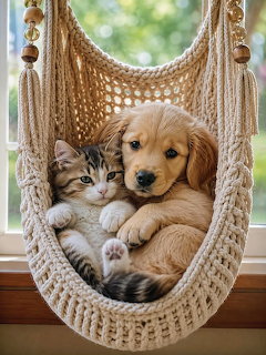 Kitten and Puppy in Hammock