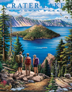 Hikers overlooking Crater Lake with island and mountains