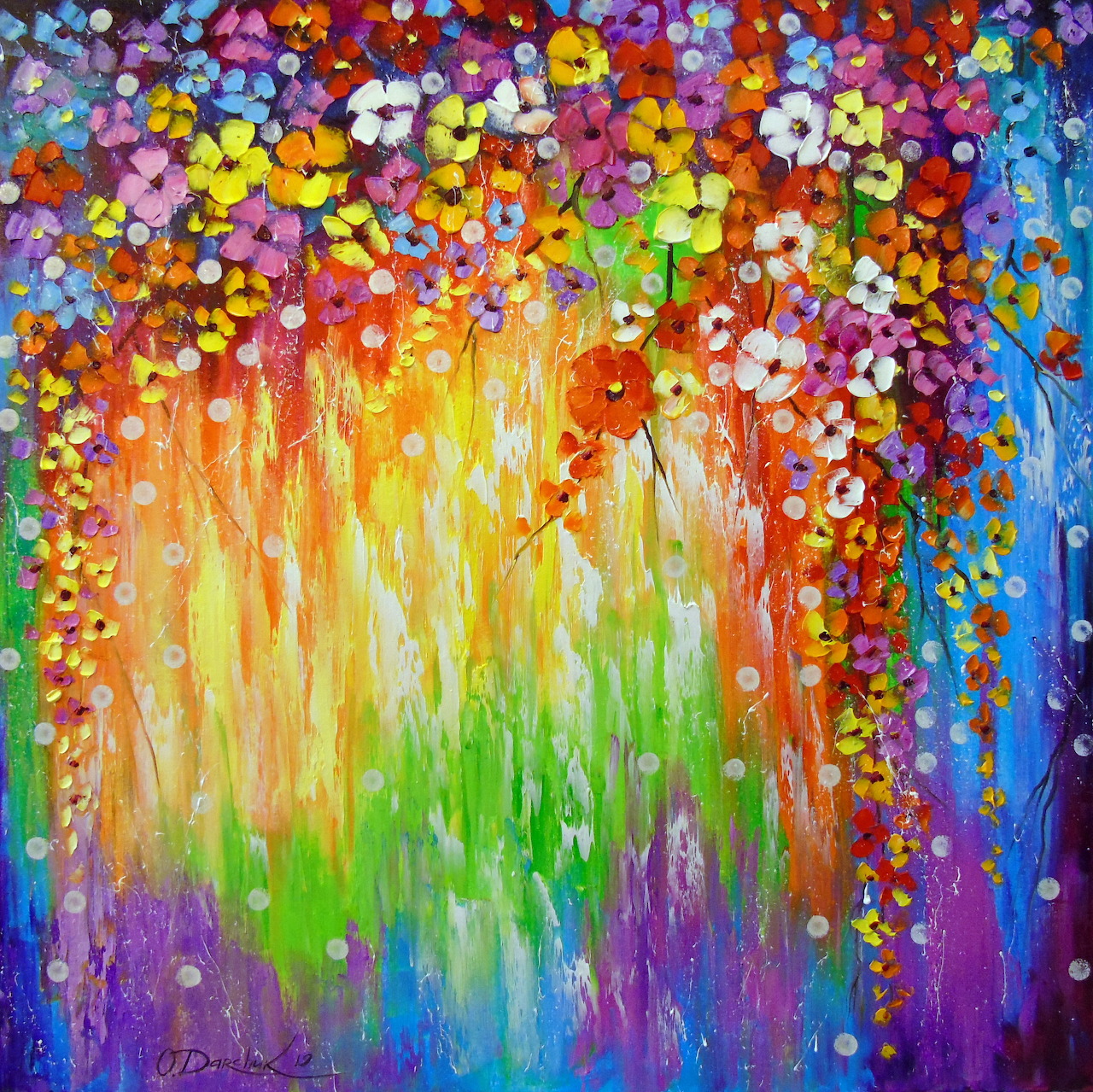 Impressionist painting of cascading flowers in rainbow colors from warm reds and yellows to cool blues and purples