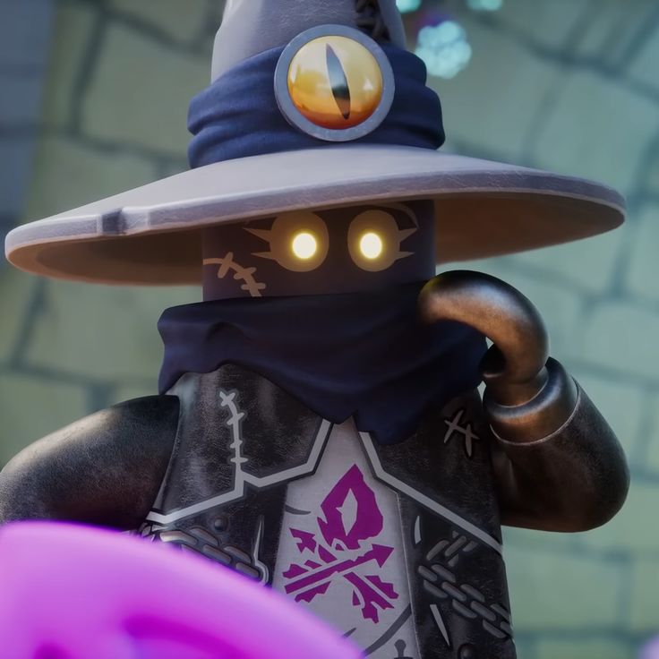Close-up of a dark wizard-like toy figure with glowing eyes, a wide hat, and purple details