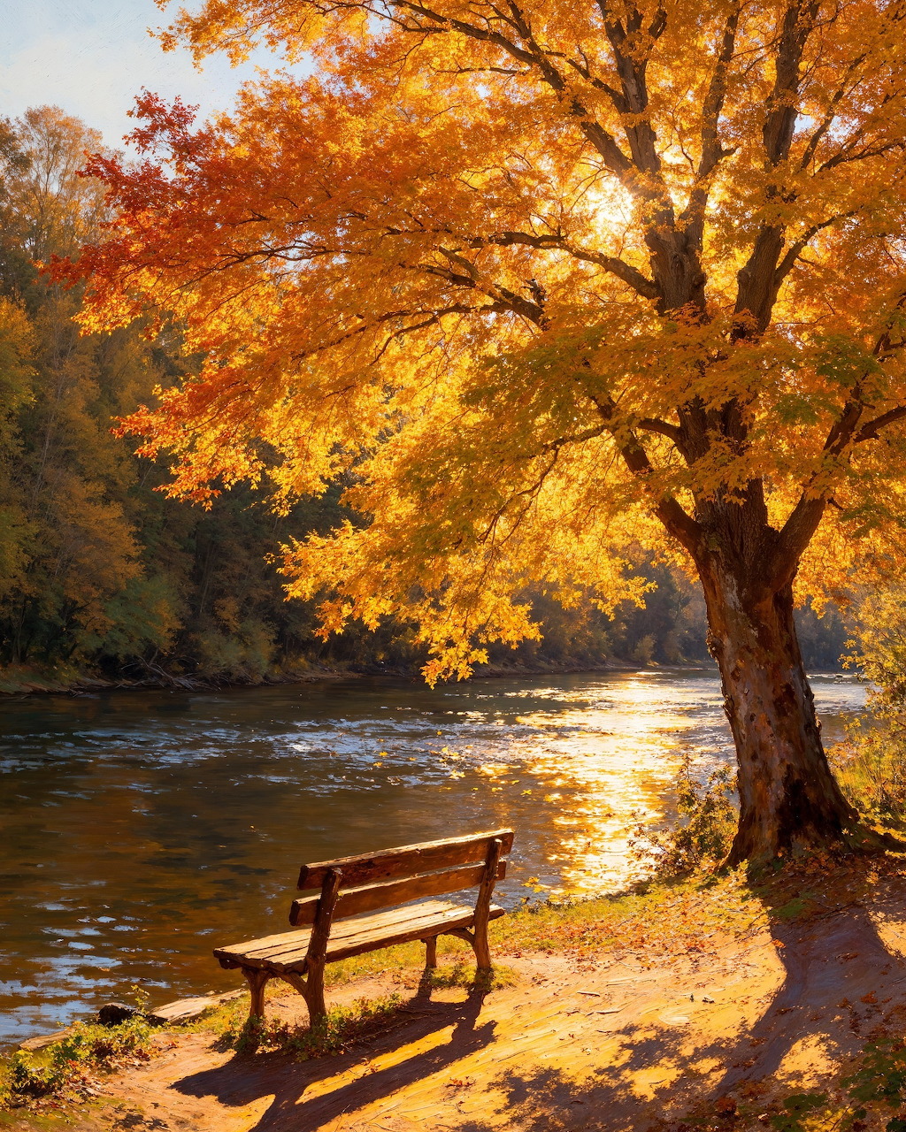 Wooden bench under a large golden autumn tree beside a sunlit river