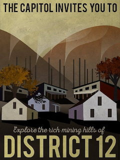 Vintage-style propaganda poster for District 12 with mining buildings, smokestacks and autumn trees