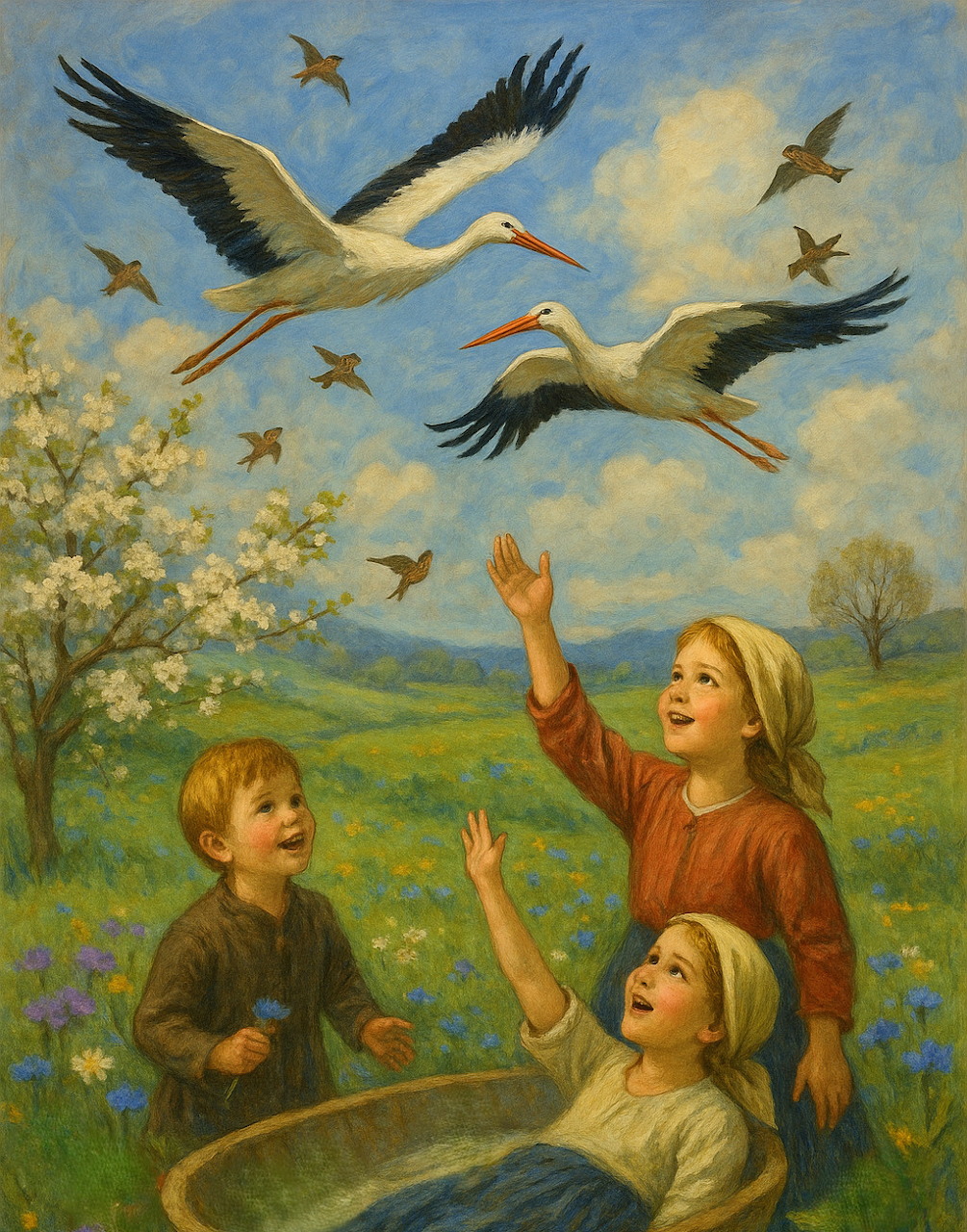 Painting of three children in a spring meadow watching white storks and swallows fly overhead