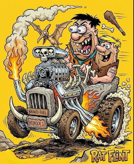 Cartoon caveman driving a hot rod with exposed engine, pterodactyl and bones flying, rat rod style illustration