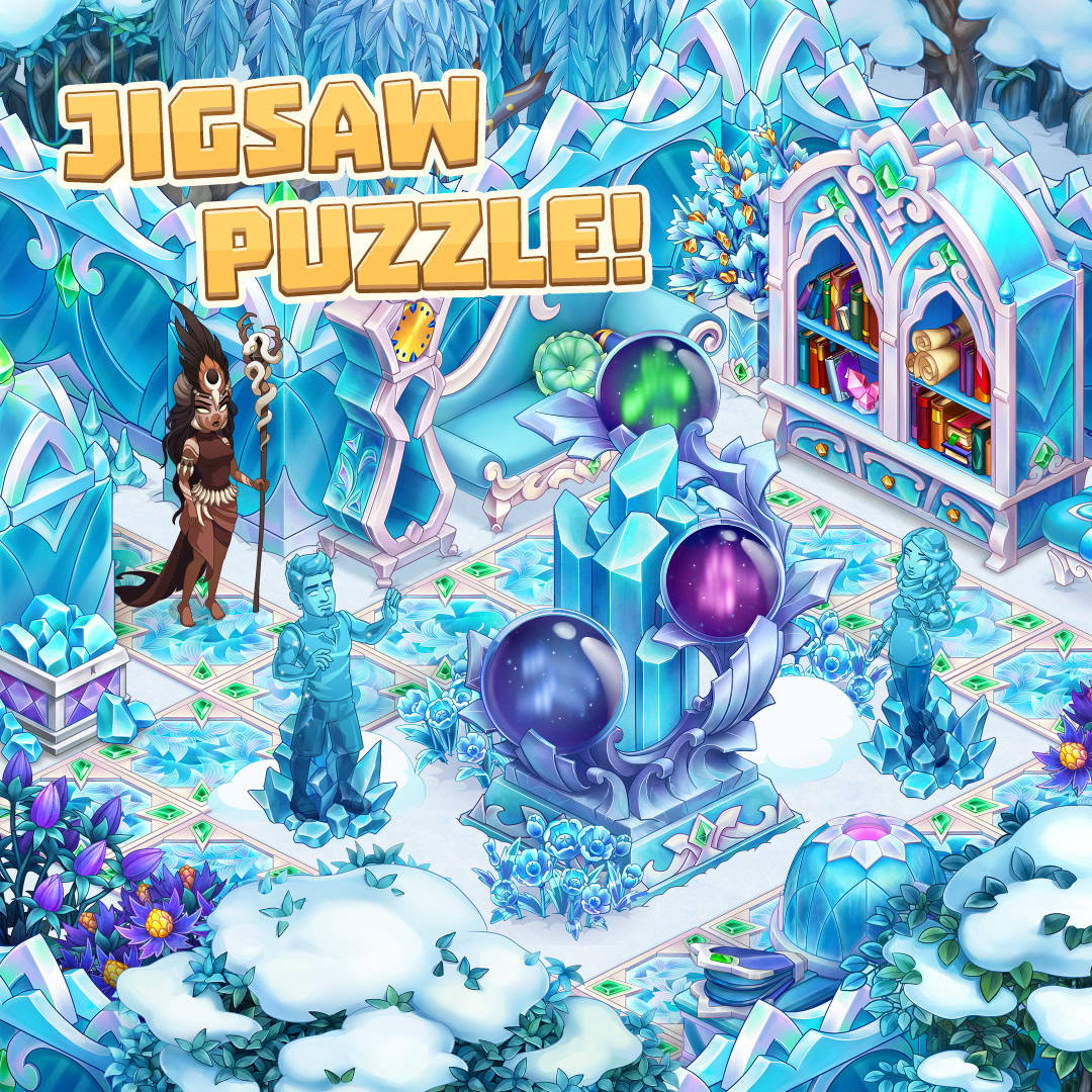 Whimsical ice palace with blue crystal decorations, arched windows, giant ornaments, and winter sculptures