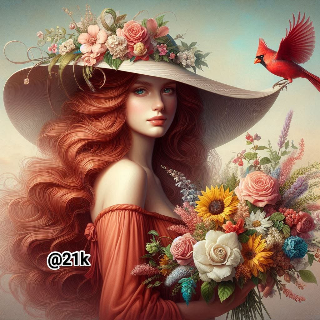 Illustrated red-haired woman in a flowered hat holding a bouquet with a red cardinal nearby