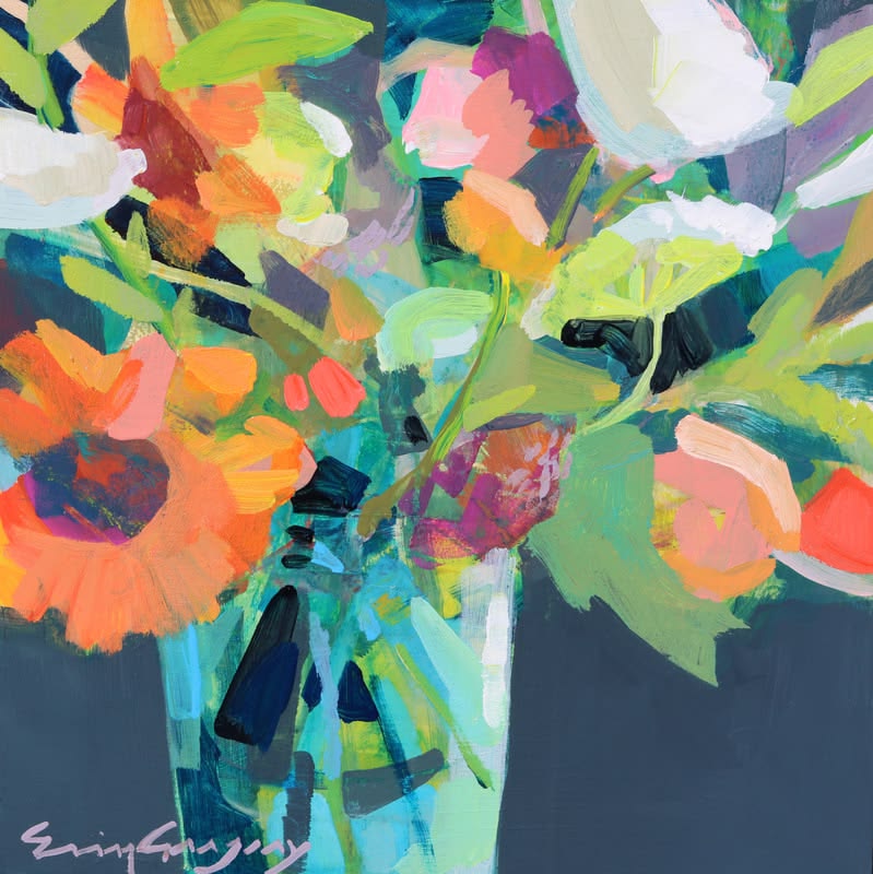 Abstract painting of colorful flowers in turquoise vase with bold brushstrokes in orange, yellow, pink and green