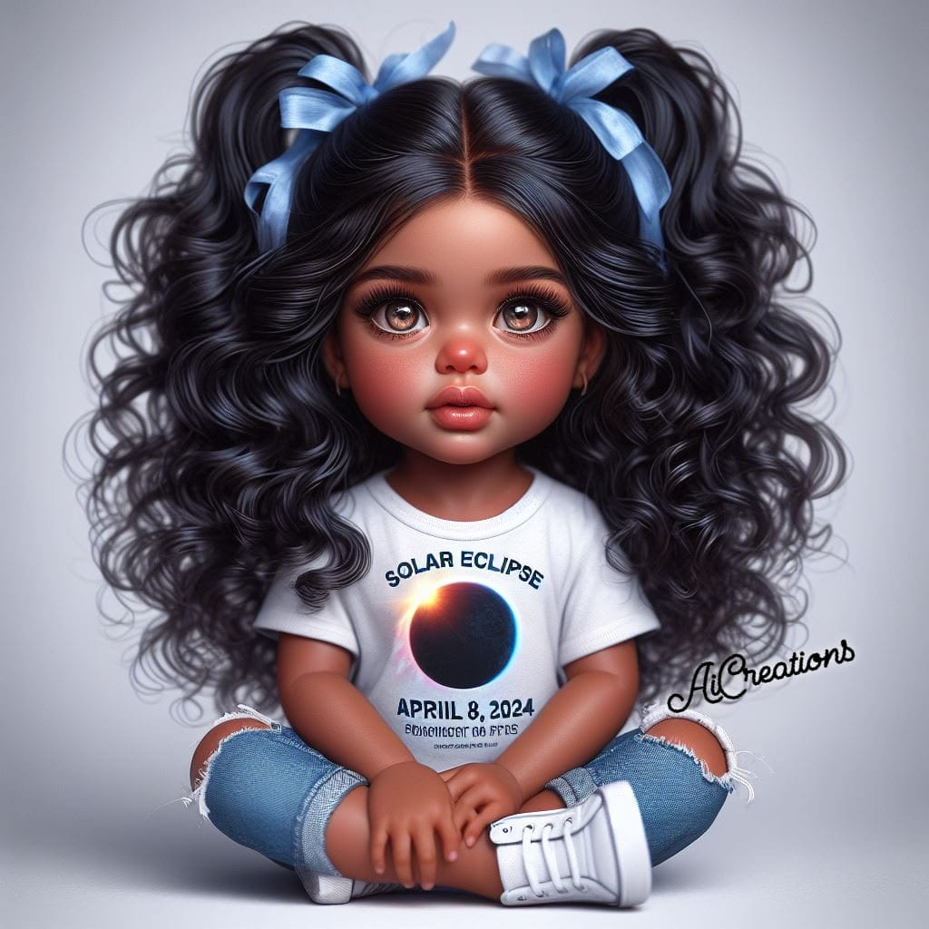 Illustrated girl with curly pigtails, blue bows, white T-shirt, and ripped jeans sitting cross-legged