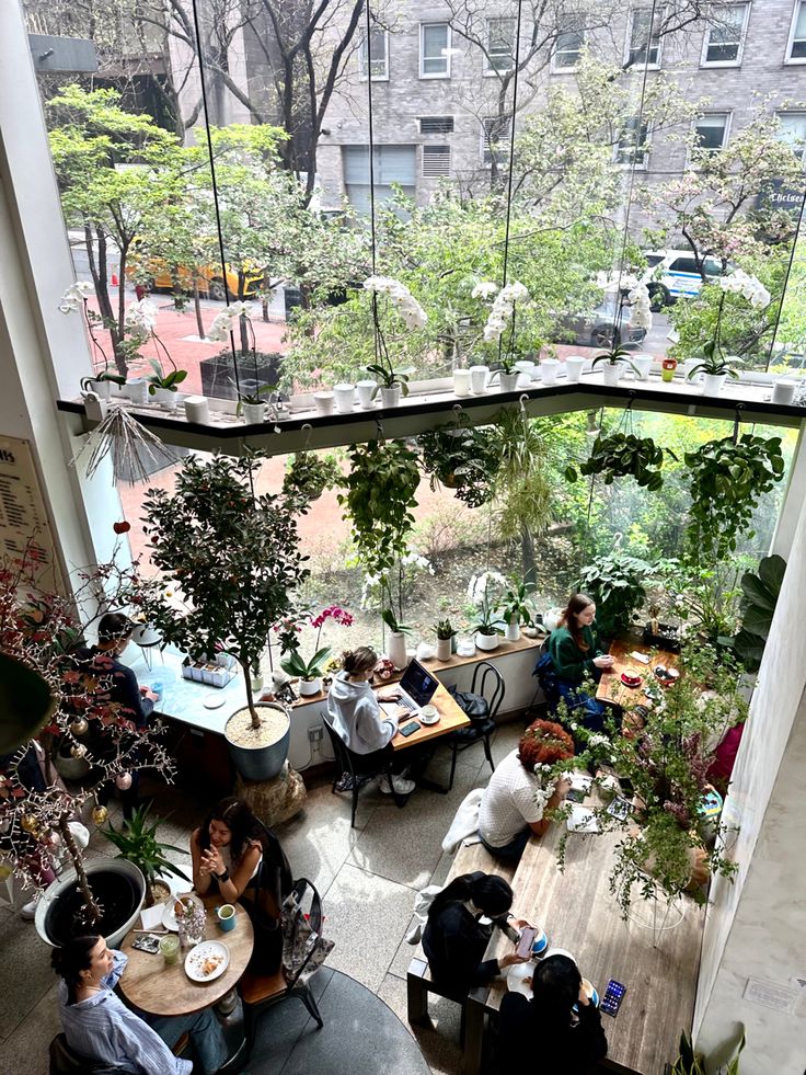 Overhead view of cafe courtyard with green plants, tables, and people seated below surrounded by city buildings