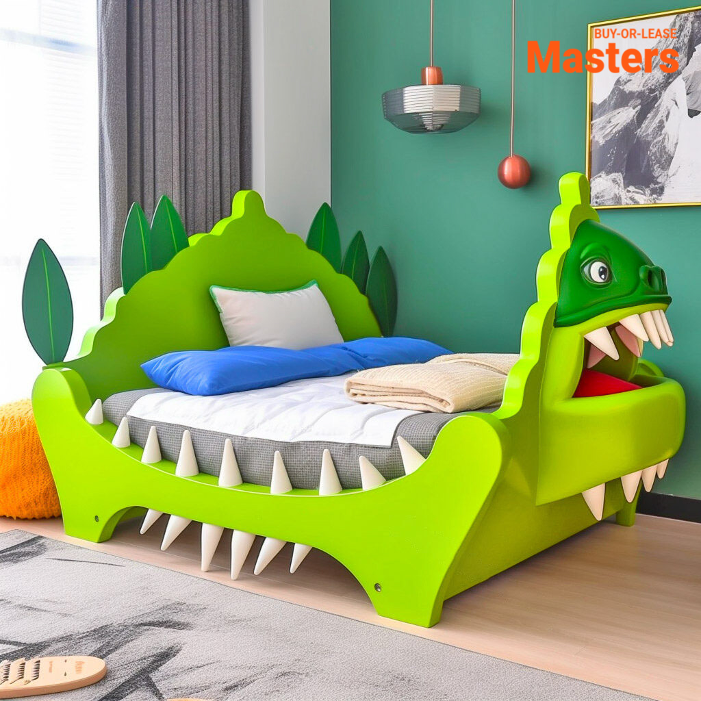 Green dinosaur-shaped children's bed with white teeth in modern teal bedroom
