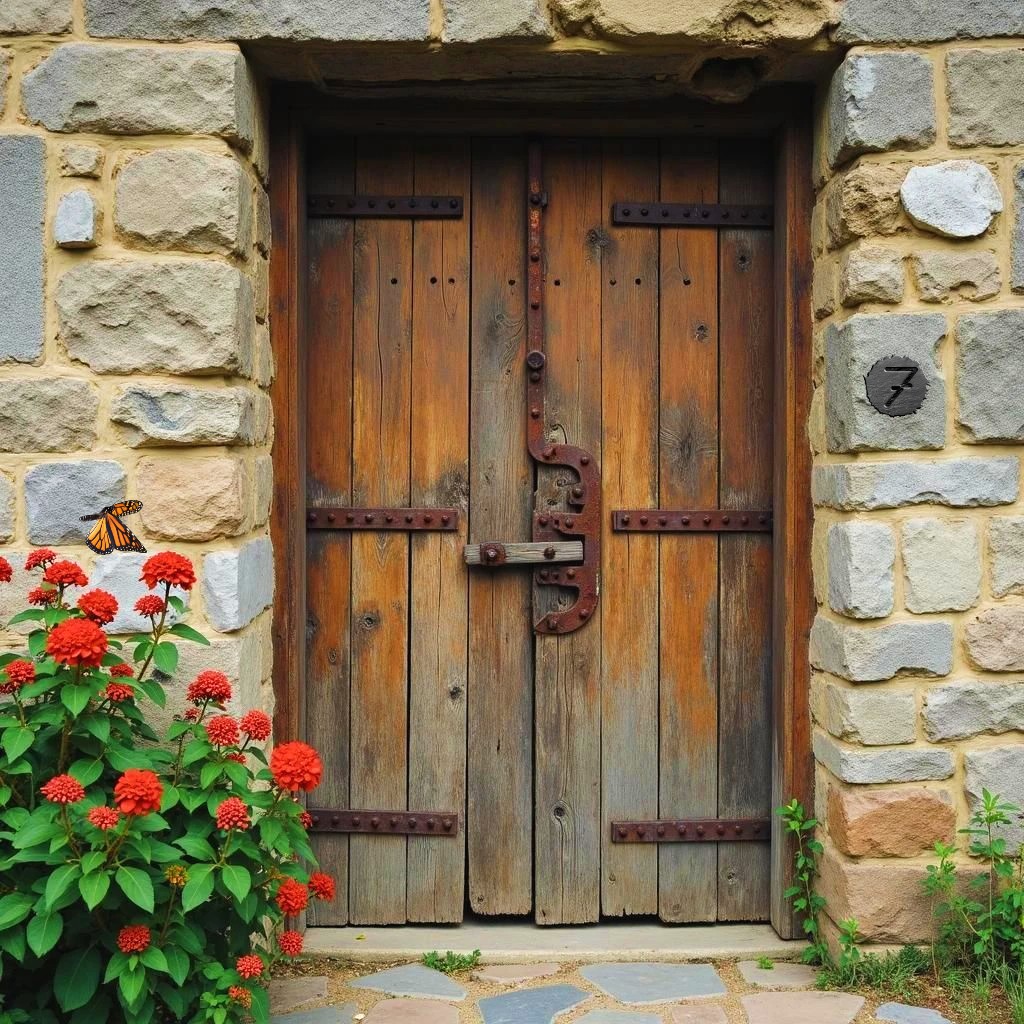 Rustic Wooden Door Stone Wall